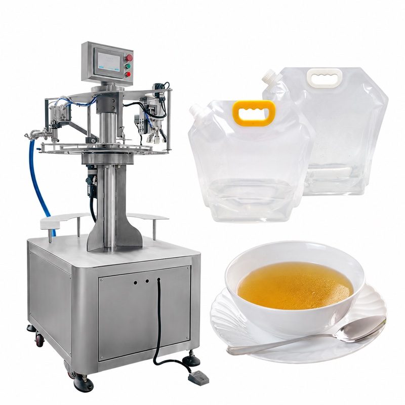 Floor-standing rotary spout pouch filler with a touchscreen, a rotating arm with filling heads and a blue hose, next to two clear spout pouches.