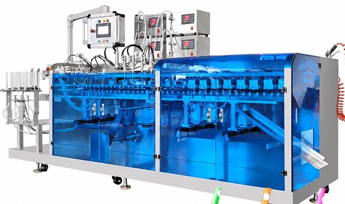 Long horizontal pouch machine with a touchscreen, several filling nozzles on top, blue transparent guards and a row of seal stations.