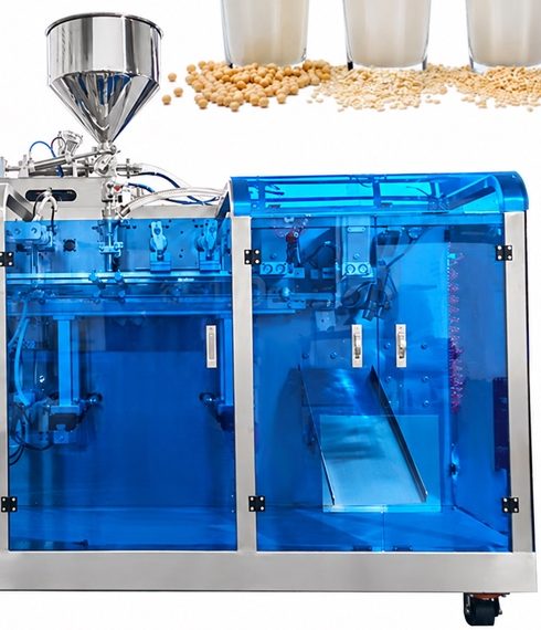 Horizontal premade pouch machine with a stainless funnel hopper on top and blue transparent guards.