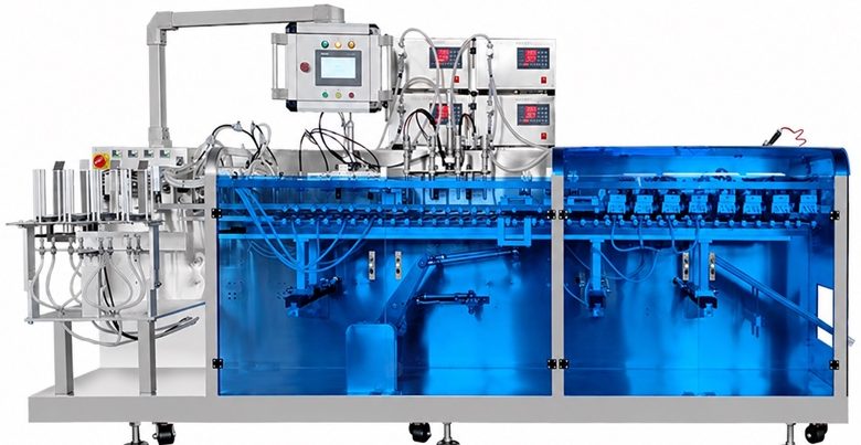 Long horizontal pouch machine with a touchscreen, four dosing units on top, a pouch loading rack at the left and blue transparent guards.
